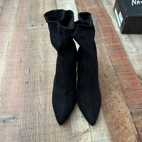 Nasty Gal Black Faux Suede Block Heel Pointed Toe Sock Boots Size 6 - Picture 9 of 12